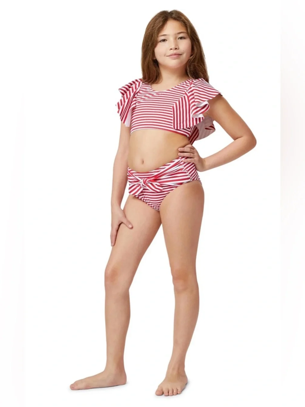 Habitual Kids' Malibu Stripe Two-Piece Swimsuit in Red size 12